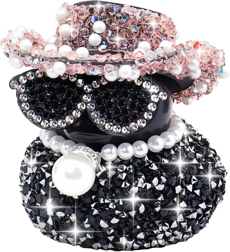 wonuu Black Diamond Rubber Duck Car Ornaments Funny Office Gifts Dashboard Decorations for Cool Car Accessories with Pink - Image 1